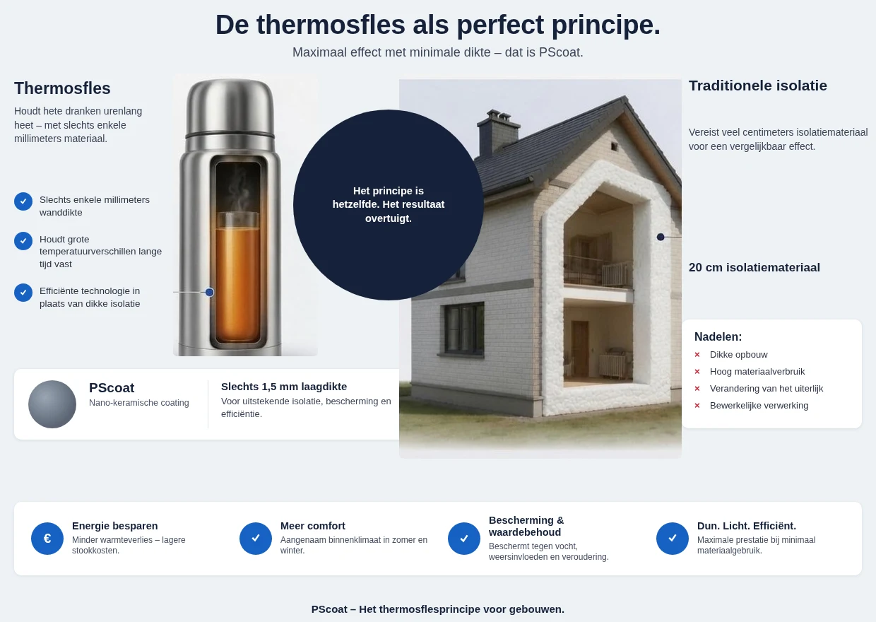 Vergelijkingsgrafiek: een thermoskan houdt de warmte vast met een paar millimeter wanddikte, klassieke isolatie heeft daarvoor vijftien tot twintig centimeter piepschuim nodig