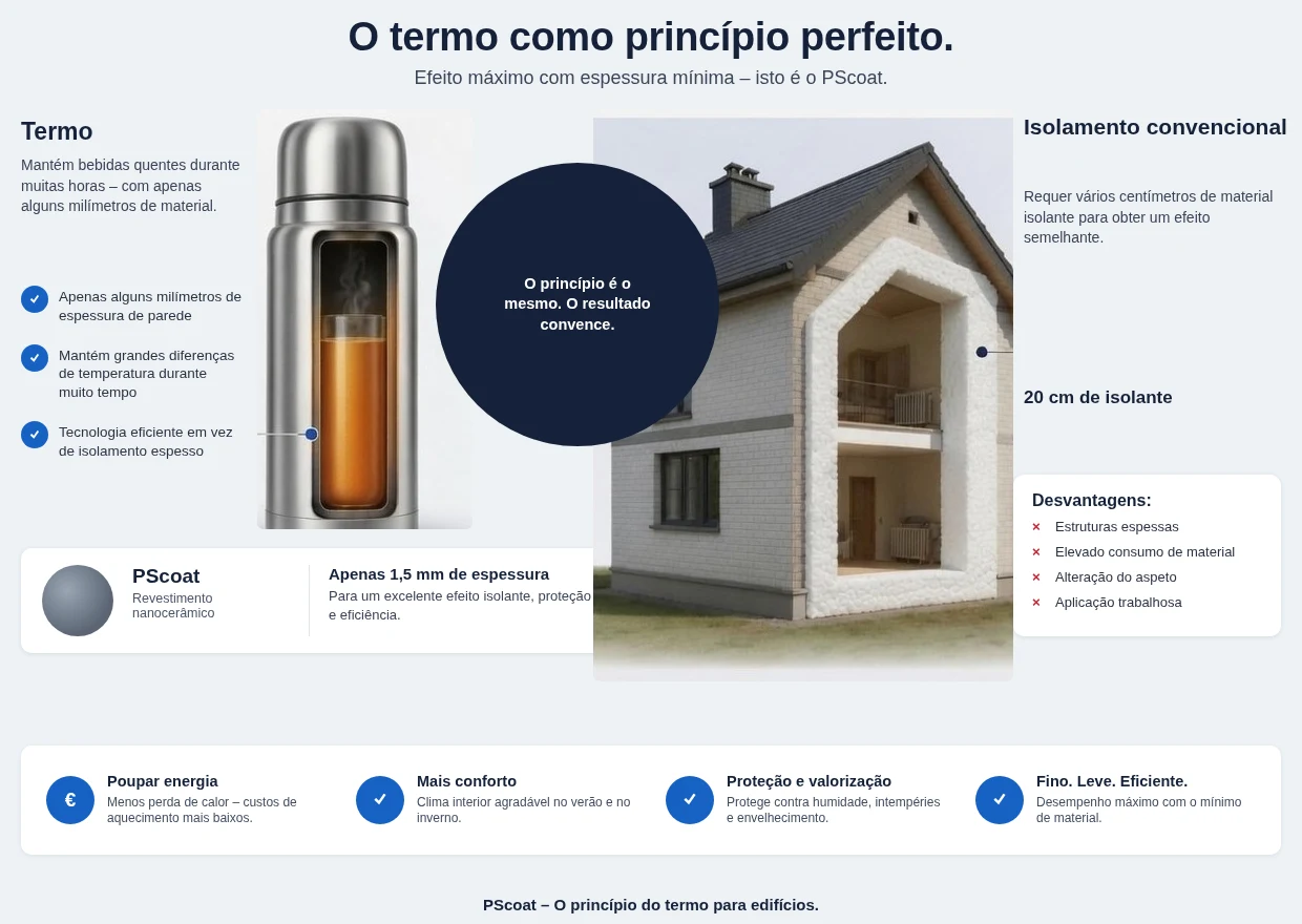 Gráfico comparativo: um termo mantém a temperatura com poucos milímetros de espessura de parede, o isolamento convencional precisa de quinze a vinte centímetros de poliestireno para o mesmo efeito