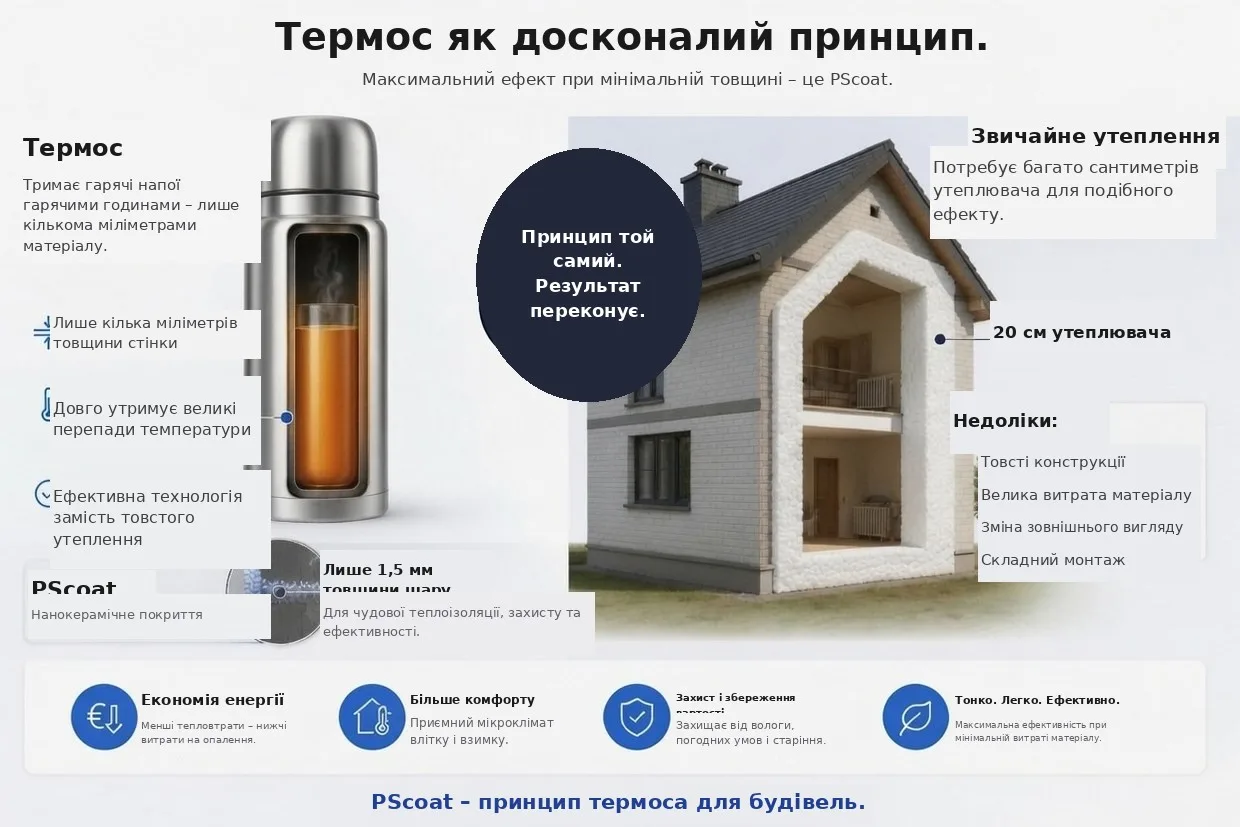 Порівняльна графіка: термос утримує тепло при товщині стінки в кілька міліметрів, а звичайна ізоляція потребує для цього п'ятнадцять-двадцять сантиметрів пінопласту